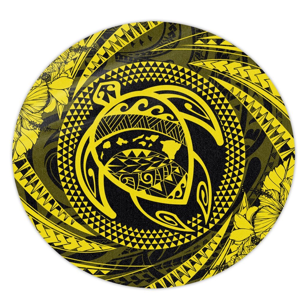 Hawaiian Kanaka Honu Hibiscus Tornando Polynesian Yellow Round Carpet - AH Round Carpet Luxurious Plush - Polynesian Pride