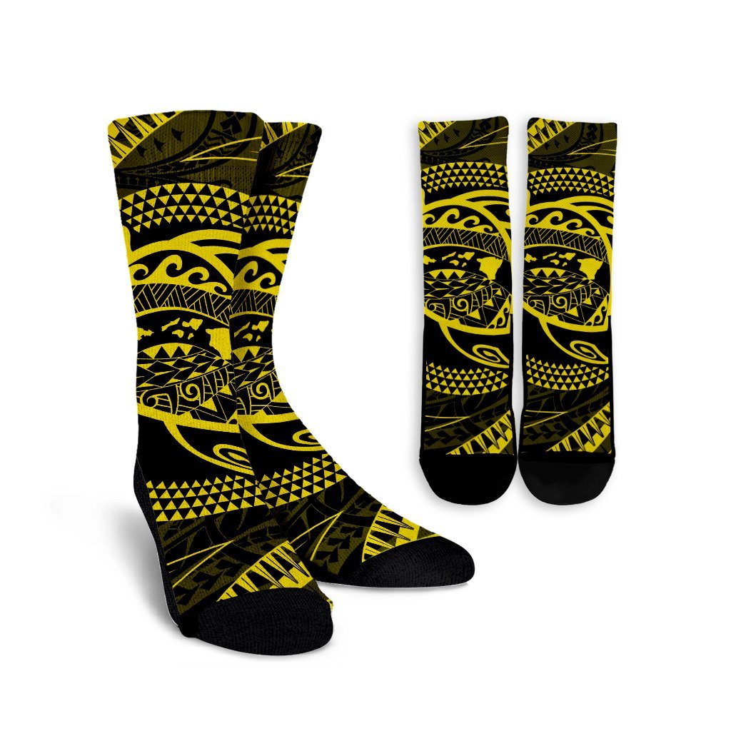 Hawaiian Kanaka Honu Hibiscus Tornando Polynesian Yellow Crew Socks - AH Crew Socks White - Polynesian Pride