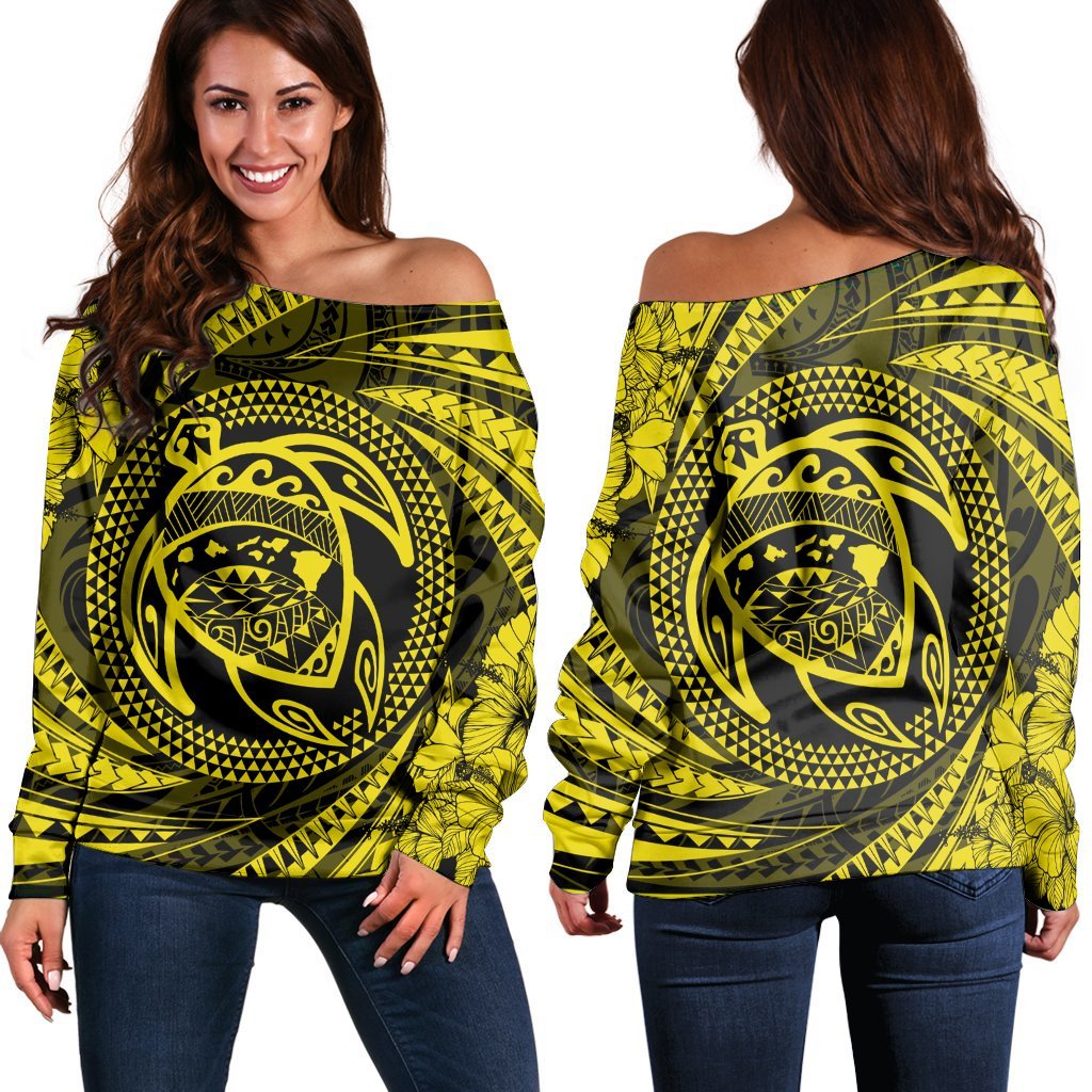 Hawaiian Kanaka Honu Hibiscus Tornando Polynesian Yellow Women's Off Shoulder Sweater - AH Black - Polynesian Pride