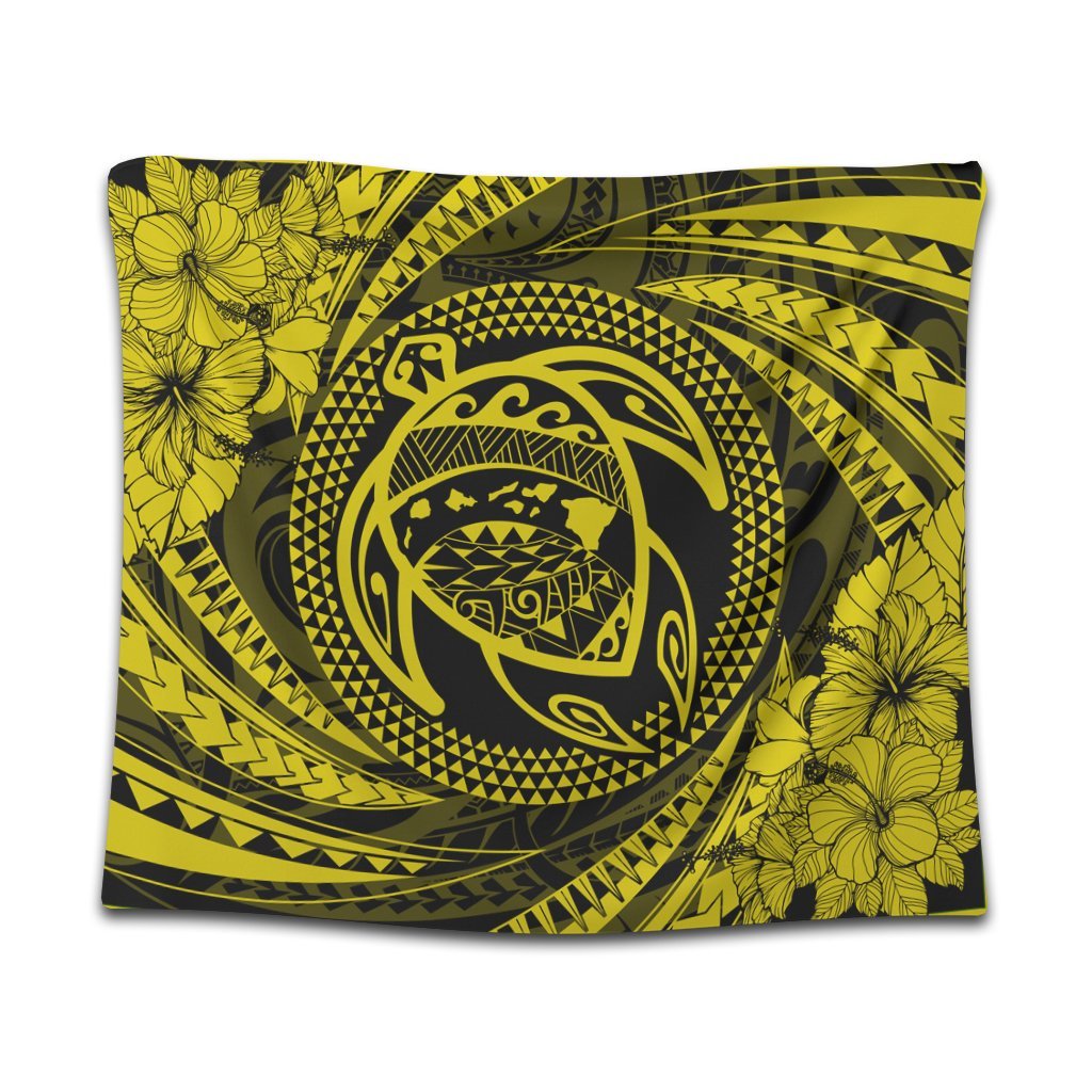 Hawaiian Kanaka Honu Hibiscus Tornando Polynesian Yellow Tapestry - AH Wall Tapestry Black - Polynesian Pride