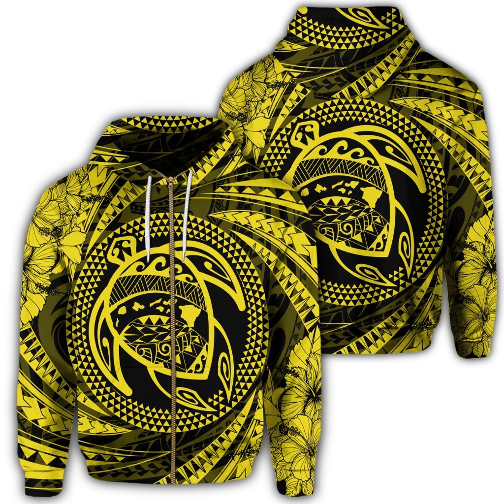 Hawaiian Kanaka Honu Hibiscus Tornando Polynesian Yellow Zip Hoodie Unisex Art - Polynesian Pride