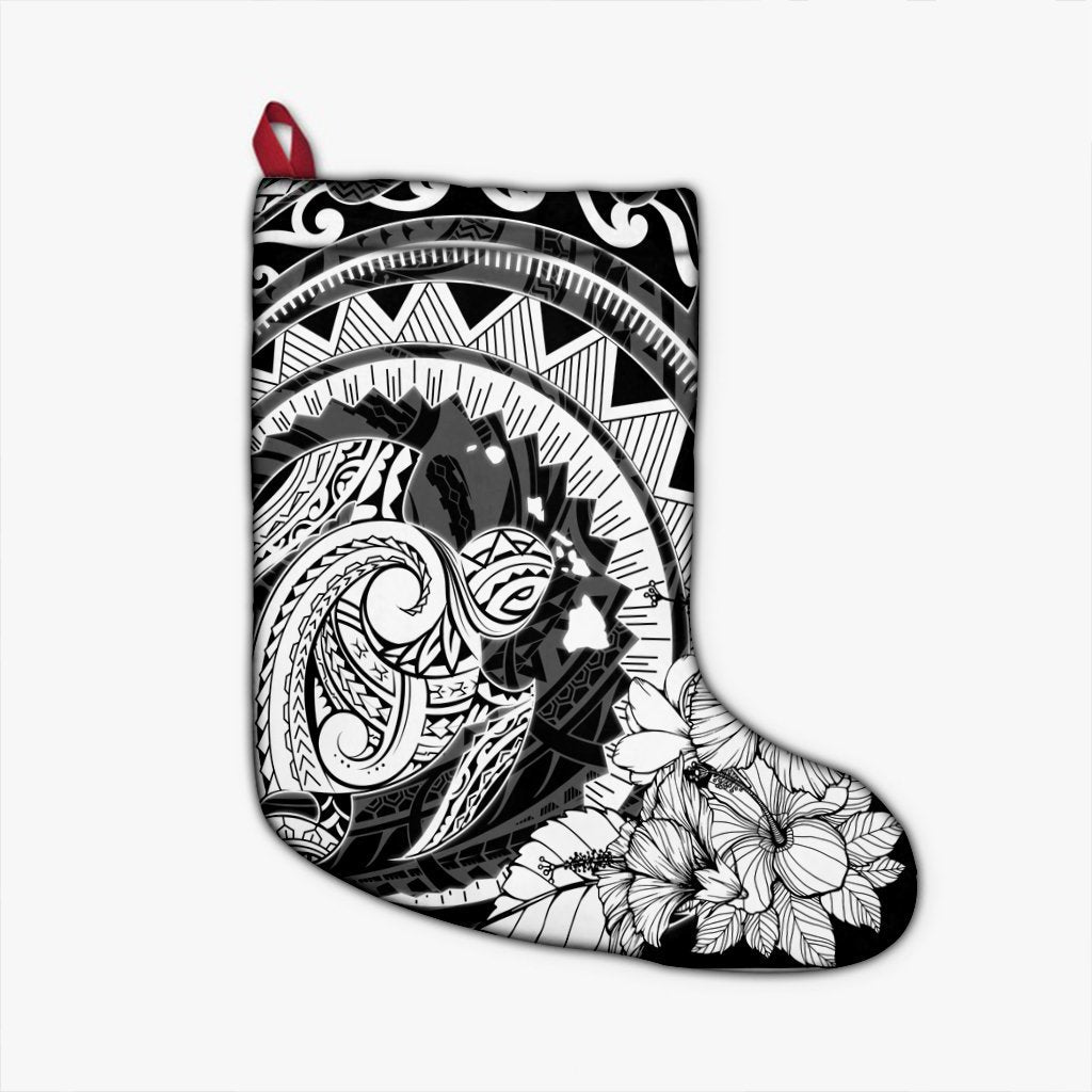 Hawaiian Kanaka Honu Map Hibiscus Globular Polynesian Christmas Stocking - AH Christmas Stocking 26 X 42 cm Black - Polynesian Pride