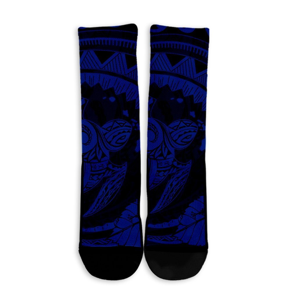 Hawaiian Kanaka Honu Map Hibiscus Globular Polynesian Blue Crew Socks - AH - Polynesian Pride