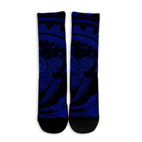 Hawaiian Kanaka Honu Map Hibiscus Globular Polynesian Blue Crew Socks - AH - Polynesian Pride