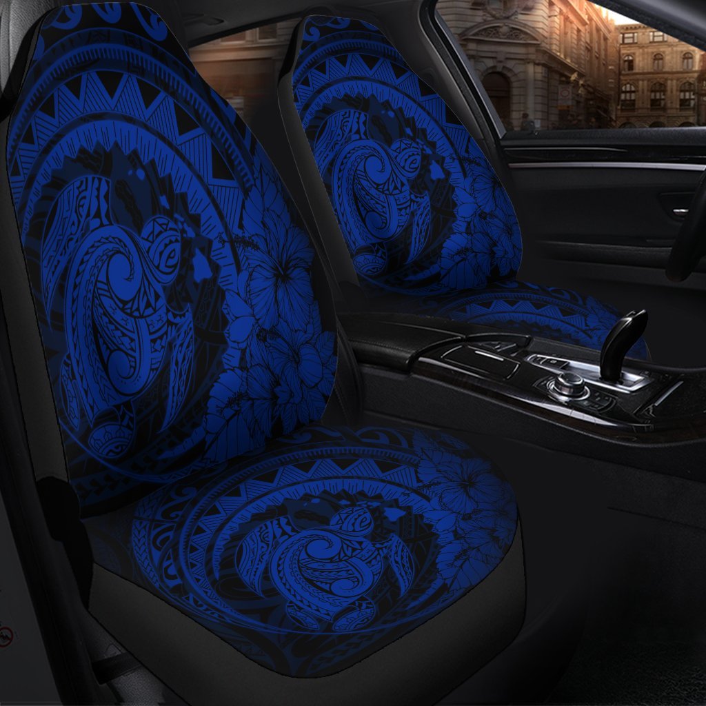 Hawaiian Kanaka Honu Map Hibiscus Globular Polynesian Blue Car Seat Covers - AH - Polynesian Pride