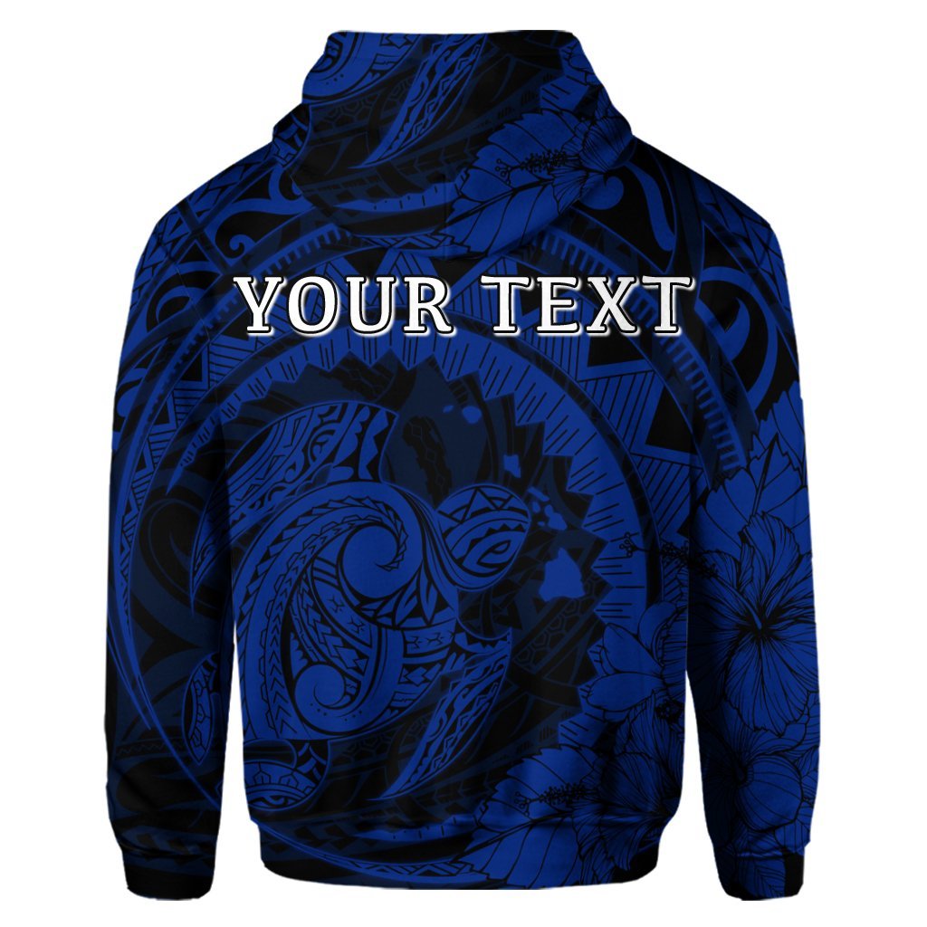 Custom Hawaiian Kanaka Honu Map Hibiscus Globular Polynesian Blue Hoodie - Polynesian Pride