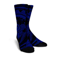 Hawaiian Kanaka Honu Map Hibiscus Globular Polynesian Blue Crew Socks - AH - Polynesian Pride