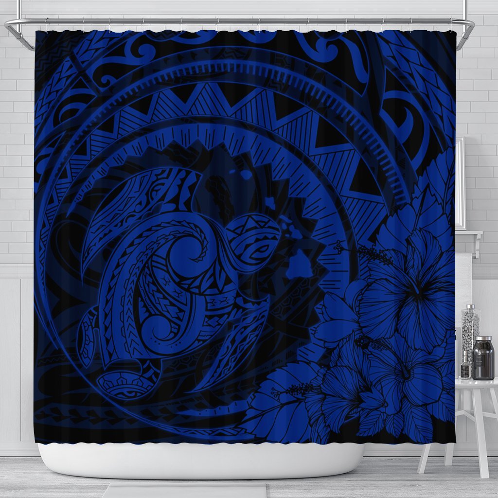 Hawaiian Kanaka Honu Map Hibiscus Globular Polynesian Blue Shower Curtain - AH 177 x 172 (cm) Black - Polynesian Pride