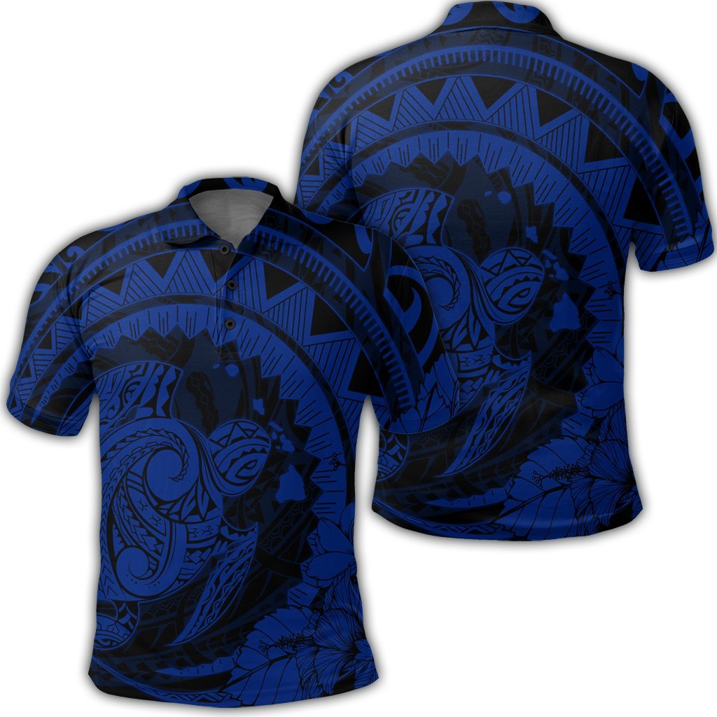 Hawaiian Kanaka Honu Map Hibiscus Globular Polynesian Blue Polo Shirt Unisex Black - Polynesian Pride