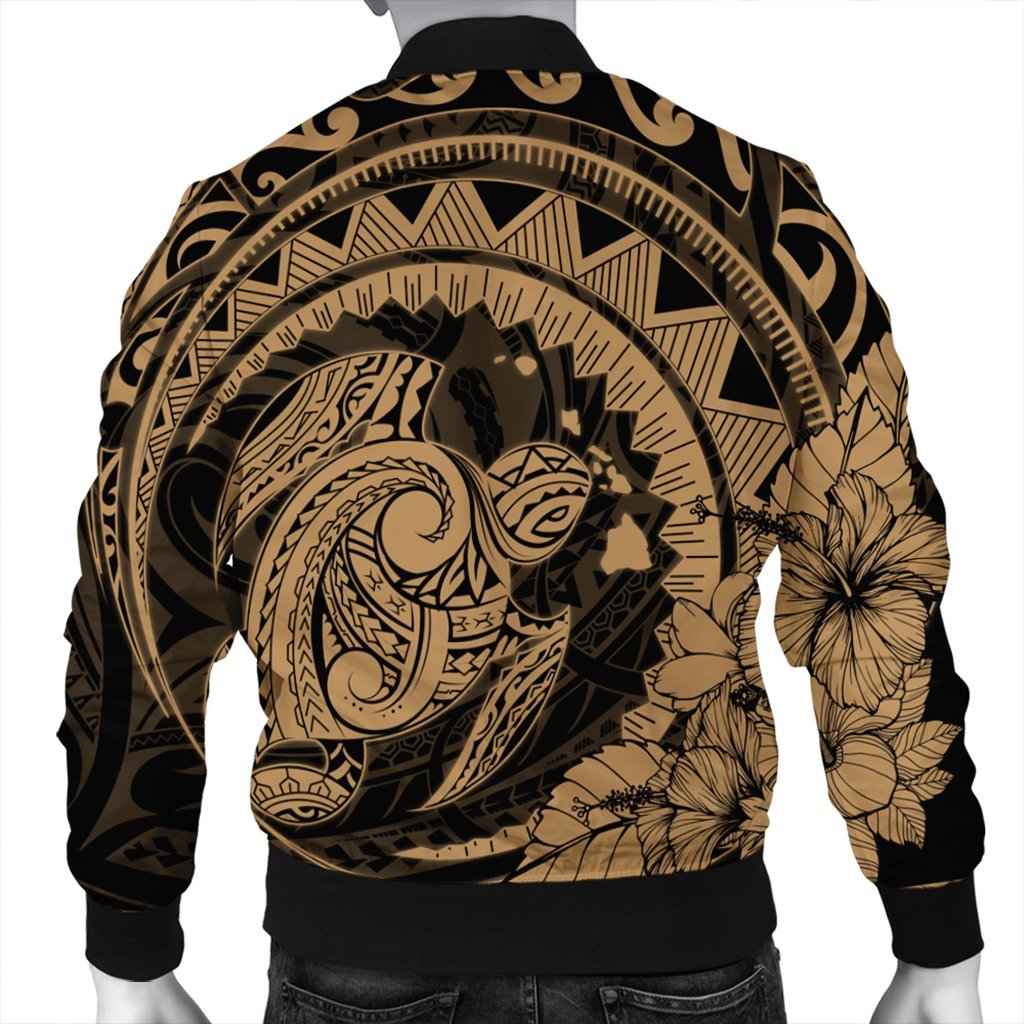 Hawaiian Kanaka Honu Map Hibiscus Globular Polynesian Gold Bomber Jacket - AH - Polynesian Pride