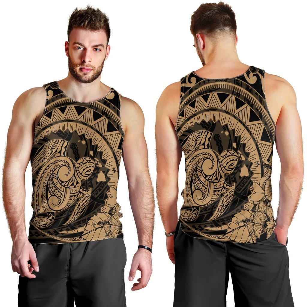 Hawaiian Kanaka Honu Map Hibiscus Globular Polynesian Gold Tank Top - AH - Polynesian Pride