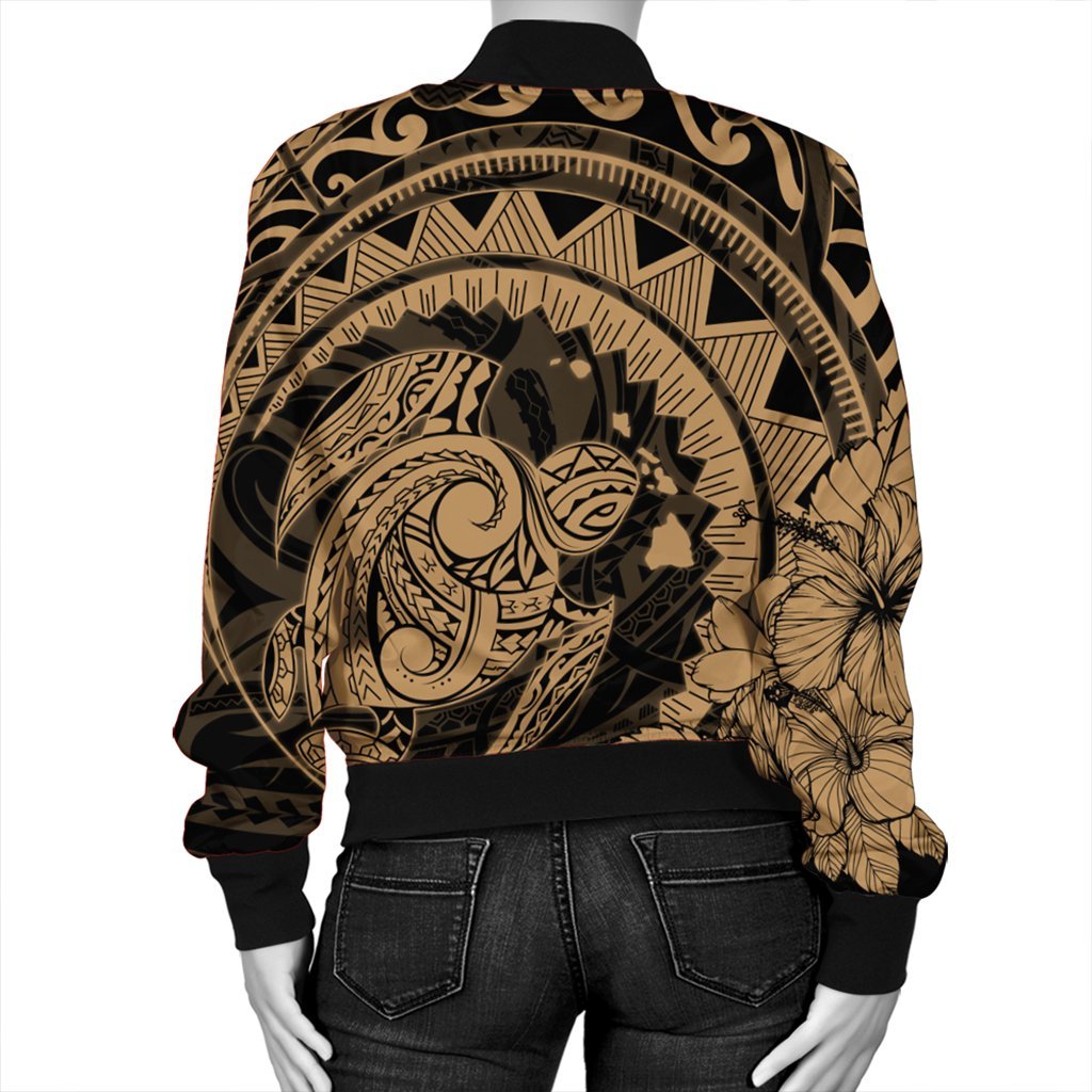 Hawaiian Kanaka Honu Map Hibiscus Globular Polynesian Gold Bomber Jacket - AH - Polynesian Pride