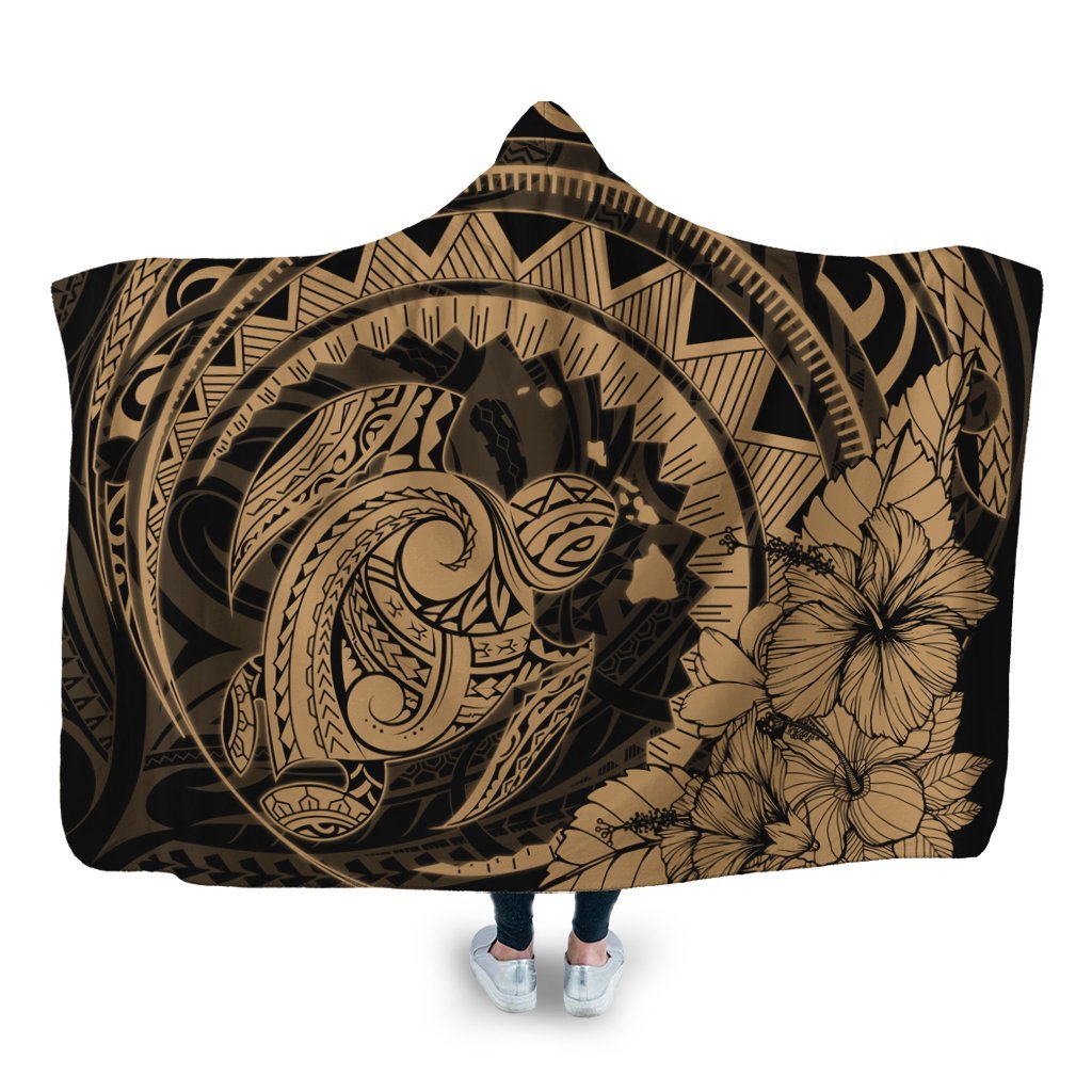 Hawaiian Kanaka Honu Map Hibiscus Globular Polynesian Gold Hooded Blanket - AH Hooded Blanket White - Polynesian Pride