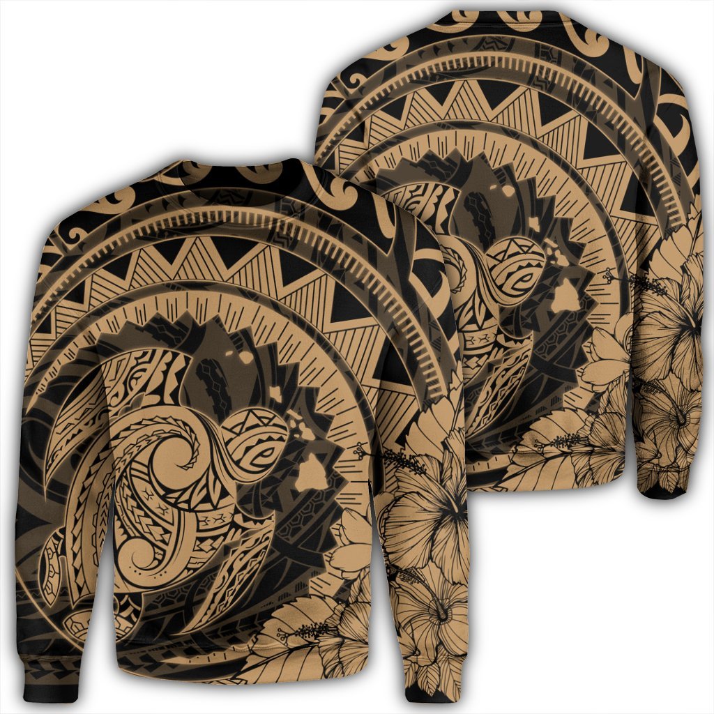 Hawaiian Kanaka Honu Map Hibiscus Globular Polynesian Gold Sweatshirt - AH Unisex Black - Polynesian Pride