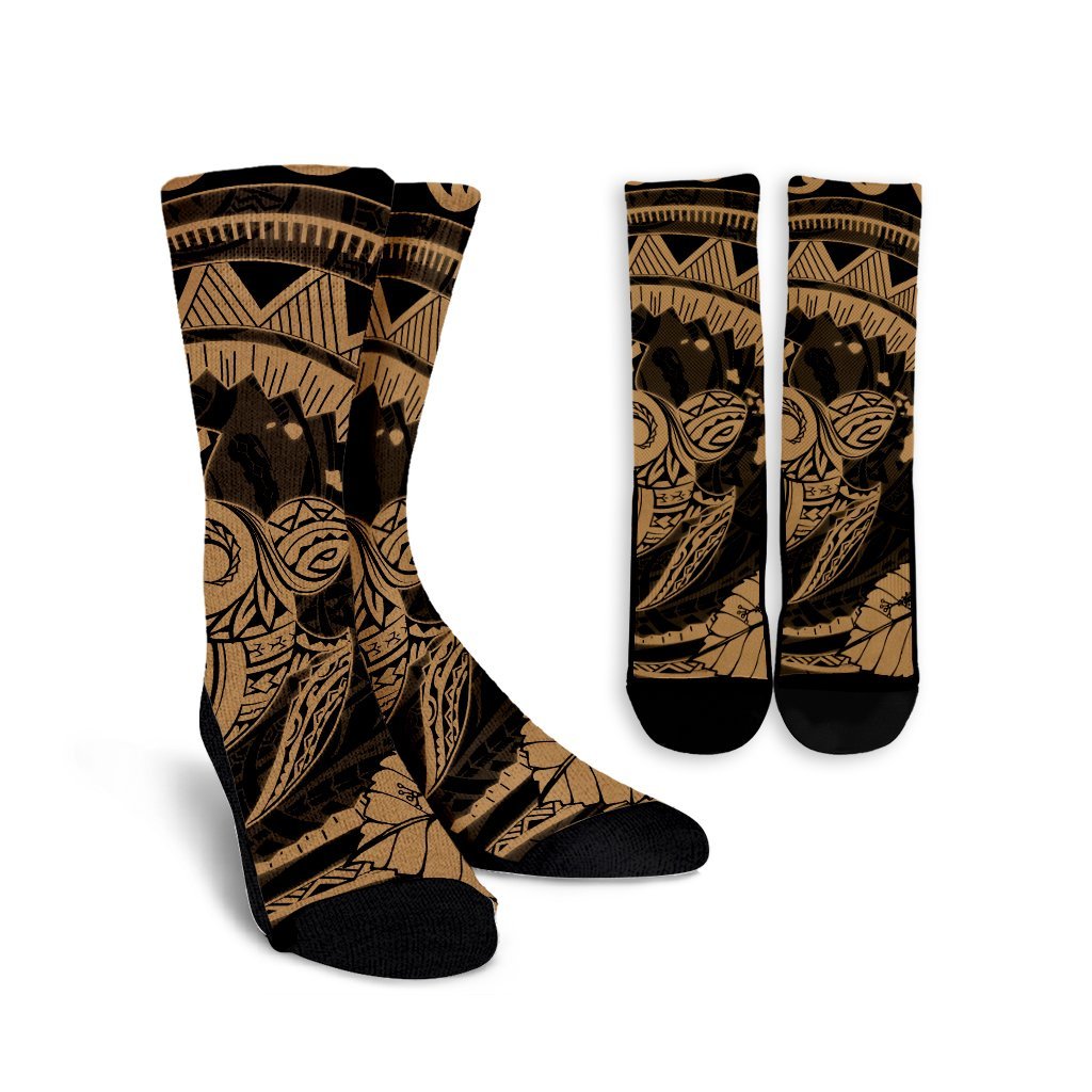 Hawaiian Kanaka Honu Map Hibiscus Globular Polynesian Gold Crew Socks - AH Crew Socks White - Polynesian Pride