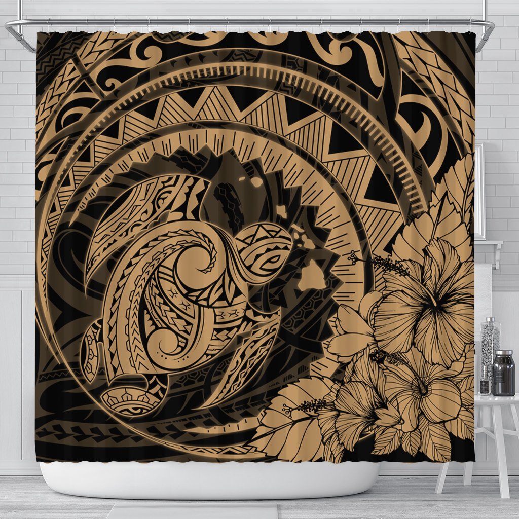 Hawaiian Kanaka Honu Map Hibiscus Globular Polynesian Gold Shower Curtain - AH 177 x 172 (cm) Black - Polynesian Pride