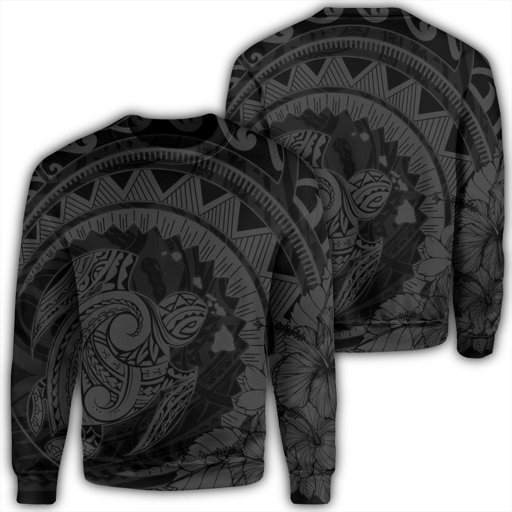 Hawaiian Kanaka Honu Map Hibiscus Globular Polynesian Gray Sweatshirt - AH Unisex Black - Polynesian Pride
