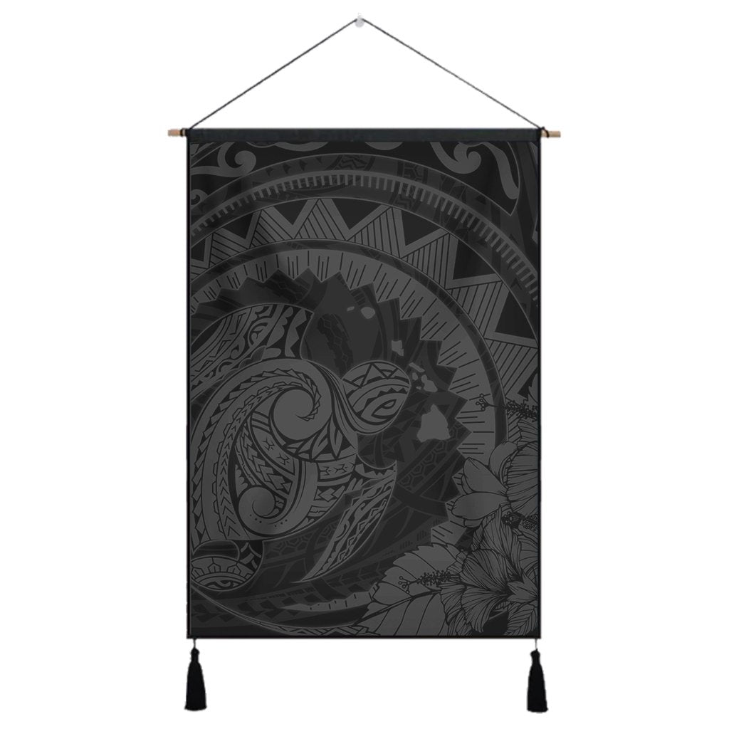 Hawaiian Kanaka Honu Map Hibiscus Globular Polynesian Gray Hanging Poster - AH Hanging Poster Cotton And Linen - Polynesian Pride