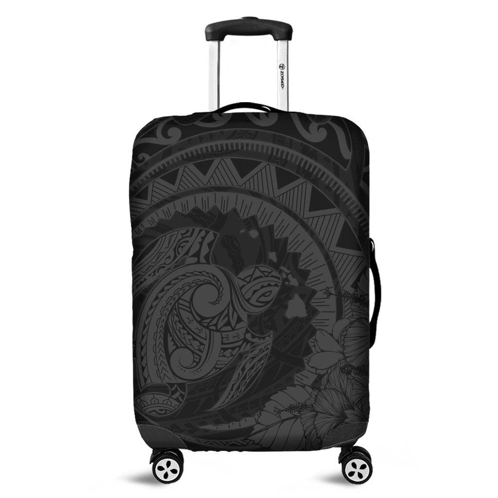 Hawaiian Kanaka Honu Map Hibiscus Globular Polynesian Gray Luggage Covers - AH Black - Polynesian Pride