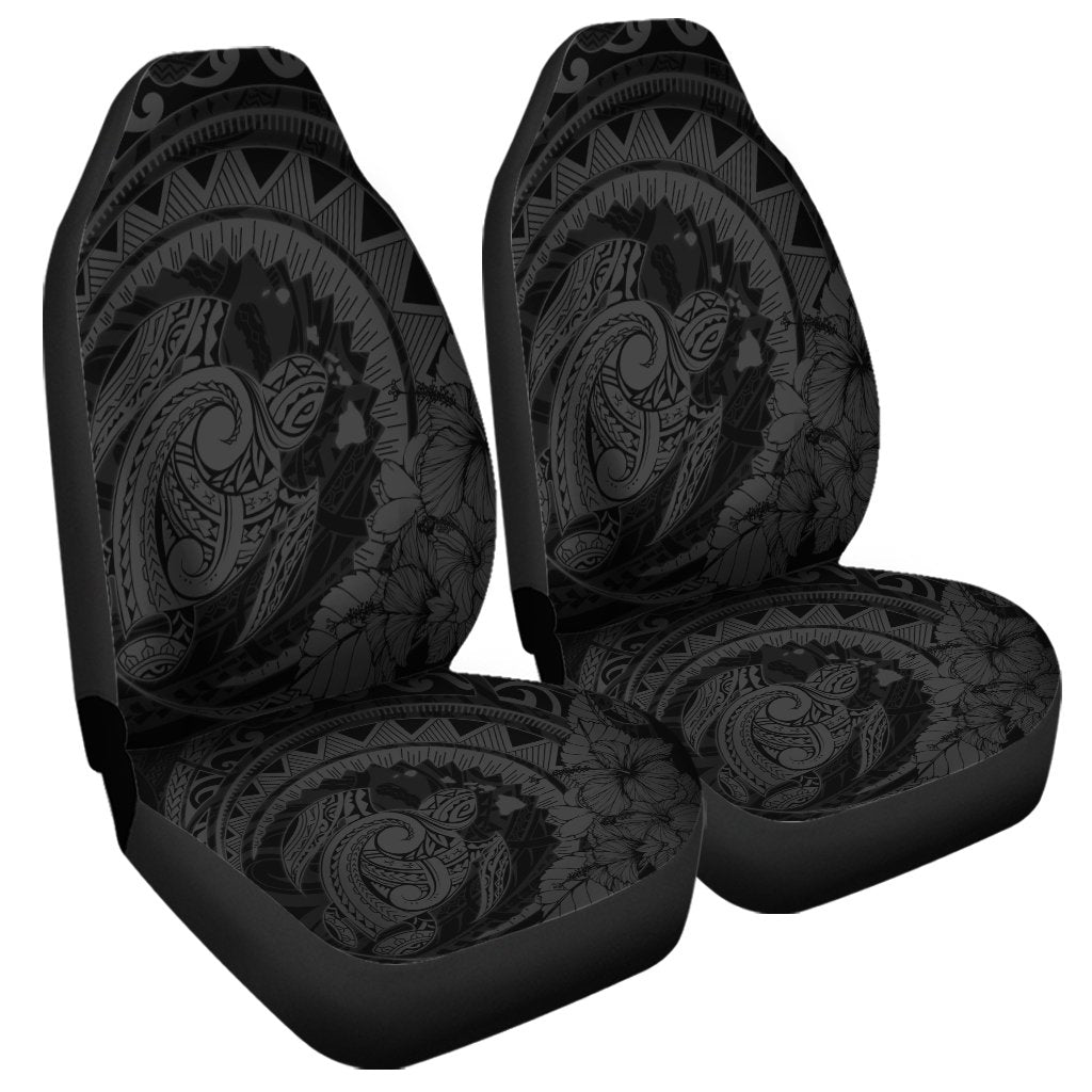 Hawaiian Kanaka Honu Map Hibiscus Globular Polynesian Gray Car Seat Covers - AH Universal Fit Black - Polynesian Pride