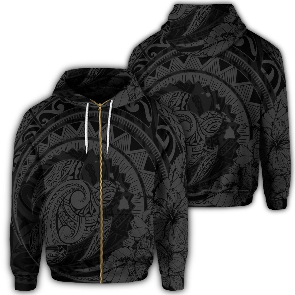 Hawaiian Kanaka Honu Map Hibiscus Globular Polynesian Gray Zip Hoodie Unisex Art - Polynesian Pride