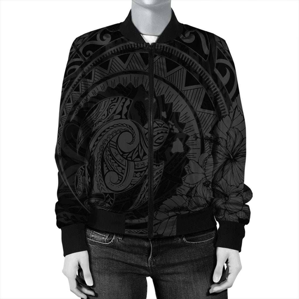 Hawaiian Kanaka Honu Map Hibiscus Globular Polynesian Gray Bomber Jacket - AH - Polynesian Pride