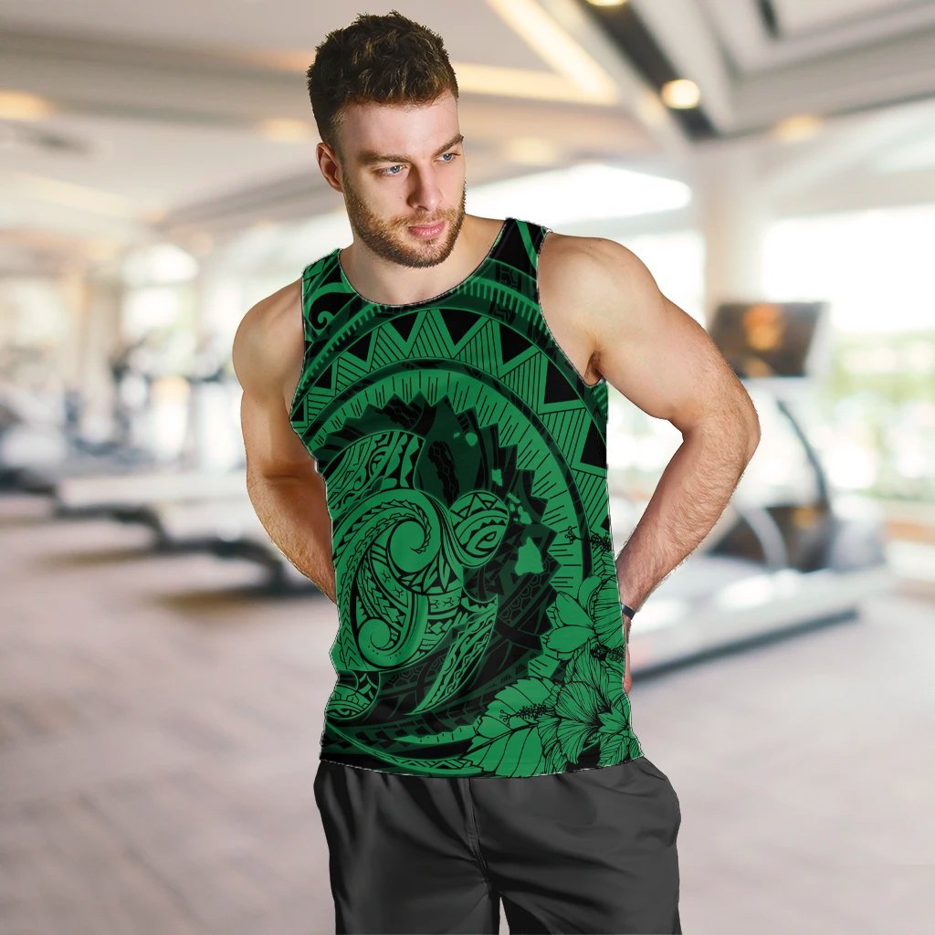Hawaiian Kanaka Honu Map Hibiscus Globular Polynesian Green Tank Top - AH - Polynesian Pride