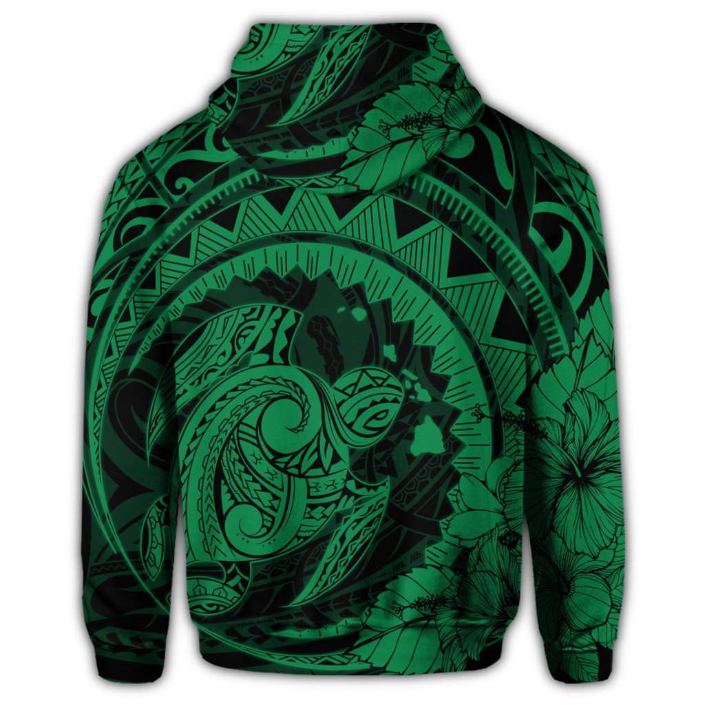 Hawaiian Kanaka Honu Map Hibiscus Globular Polynesian Green Zip Hoodie - Polynesian Pride