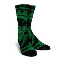 Hawaiian Kanaka Honu Map Hibiscus Globular Polynesian Green Crew Socks - AH - Polynesian Pride