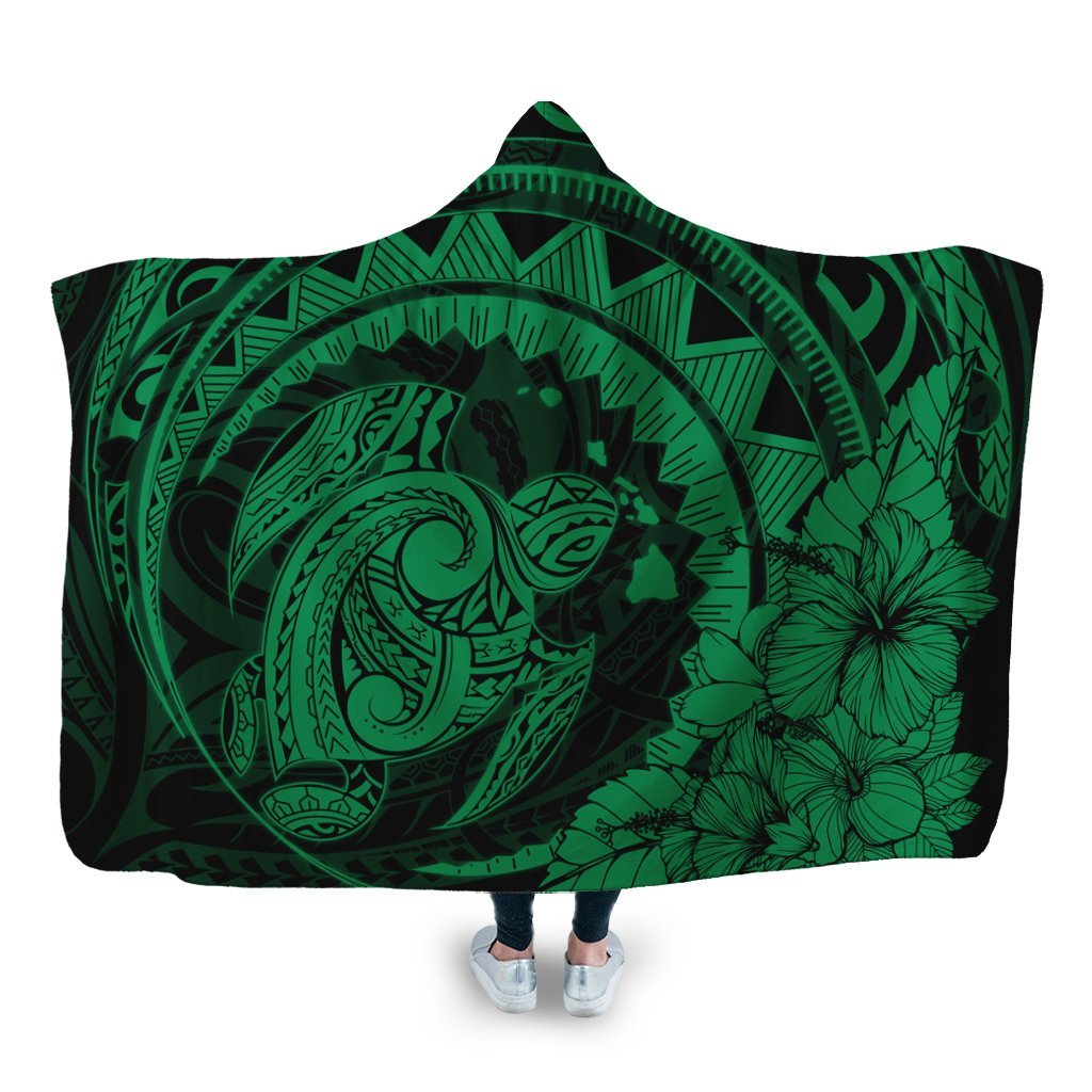 Hawaiian Kanaka Honu Map Hibiscus Globular Polynesian Green Hooded Blanket - AH Hooded Blanket White - Polynesian Pride