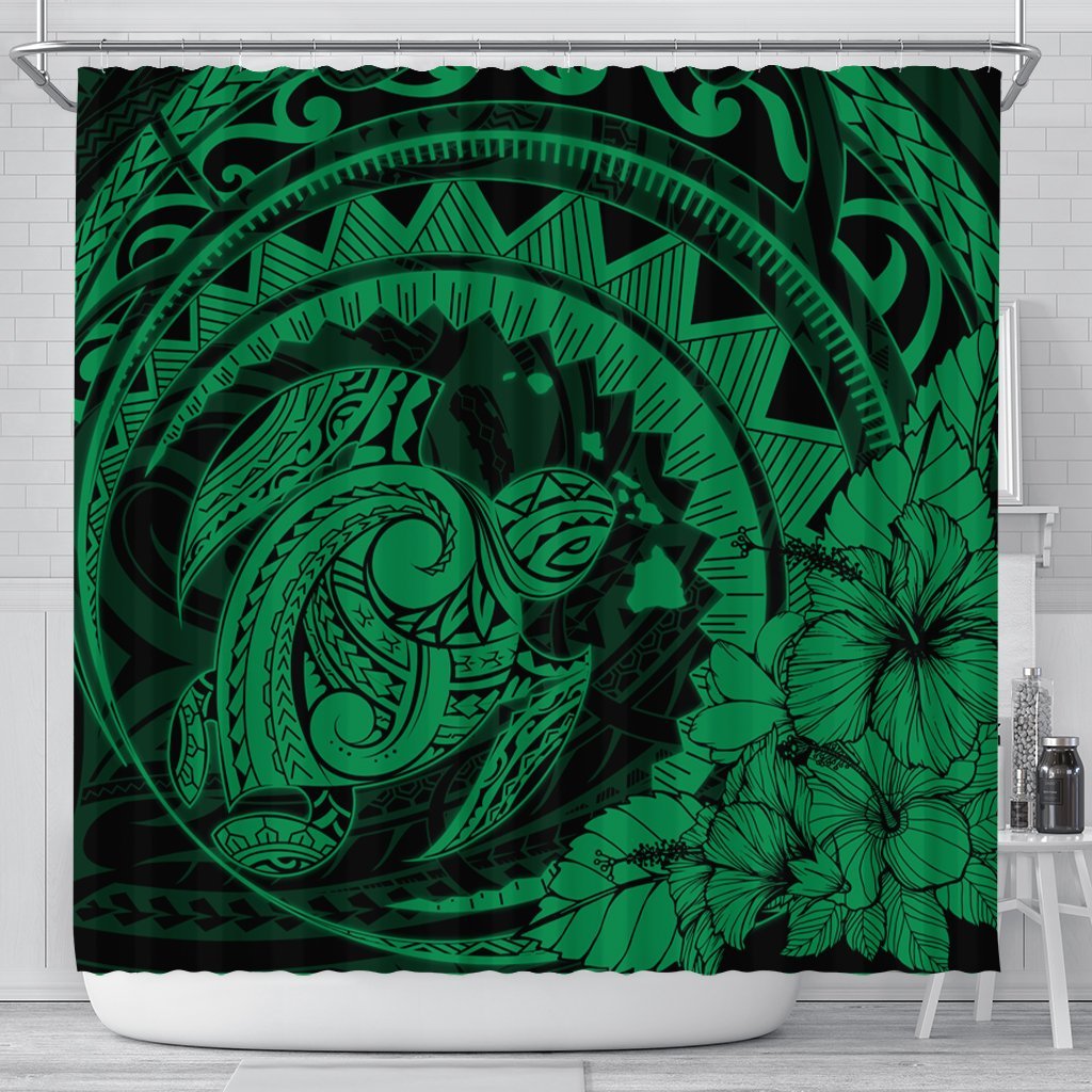 Hawaiian Kanaka Honu Map Hibiscus Globular Polynesian Green Shower Curtain - AH 177 x 172 (cm) Black - Polynesian Pride