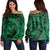 Hawaiian Kanaka Honu Map Hibiscus Globular Polynesian Green Women's Off Shoulder Sweater - AH Black - Polynesian Pride