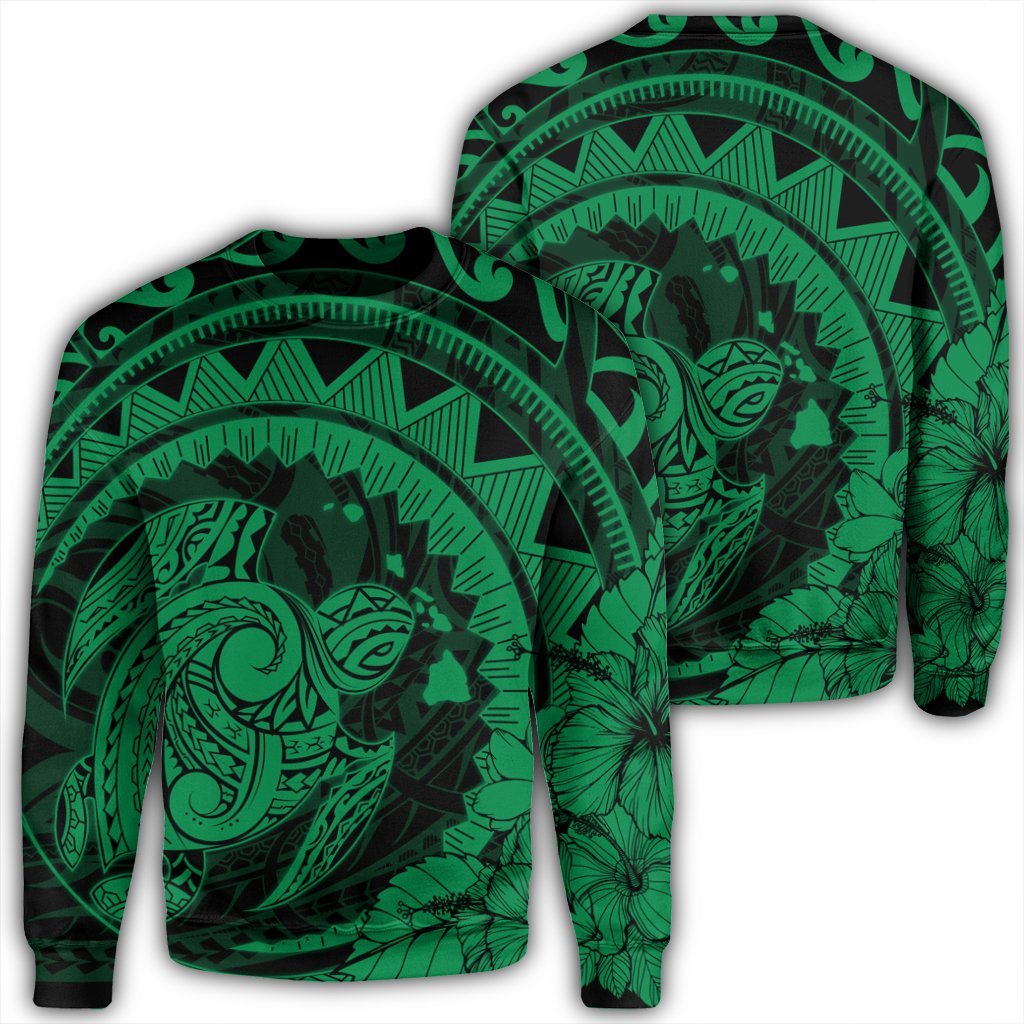 Hawaiian Kanaka Honu Map Hibiscus Globular Polynesian Green Sweatshirt - AH Unisex Black - Polynesian Pride