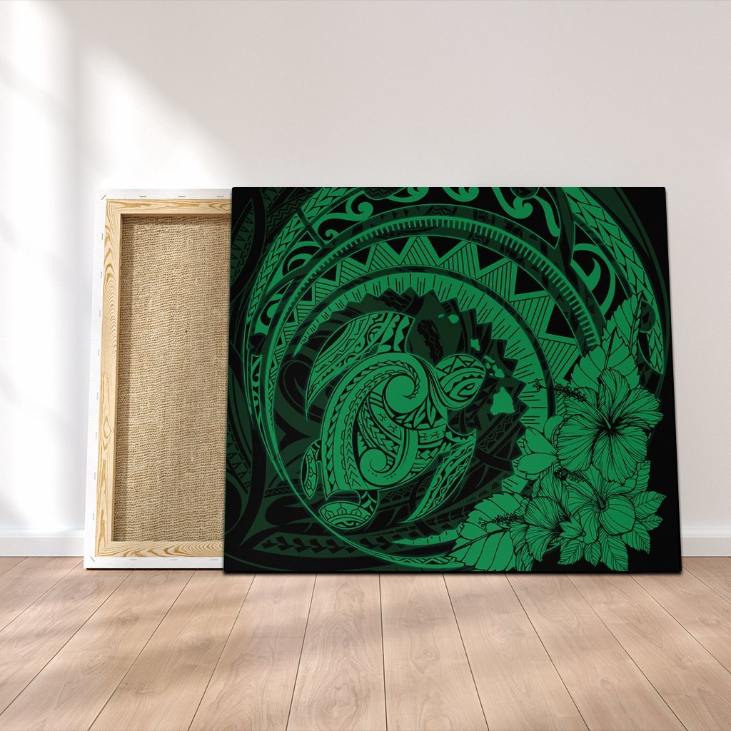Hawaiian Kanaka Honu Map Hibiscus Globular Polynesian Green Canvas - AH Canvas Poly-cotton - Polynesian Pride