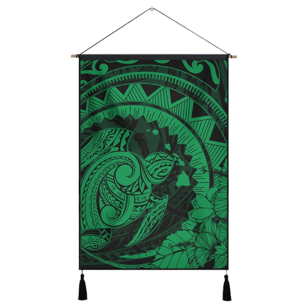 Hawaiian Kanaka Honu Map Hibiscus Globular Polynesian Green Hanging Poster - AH Hanging Poster Cotton And Linen - Polynesian Pride