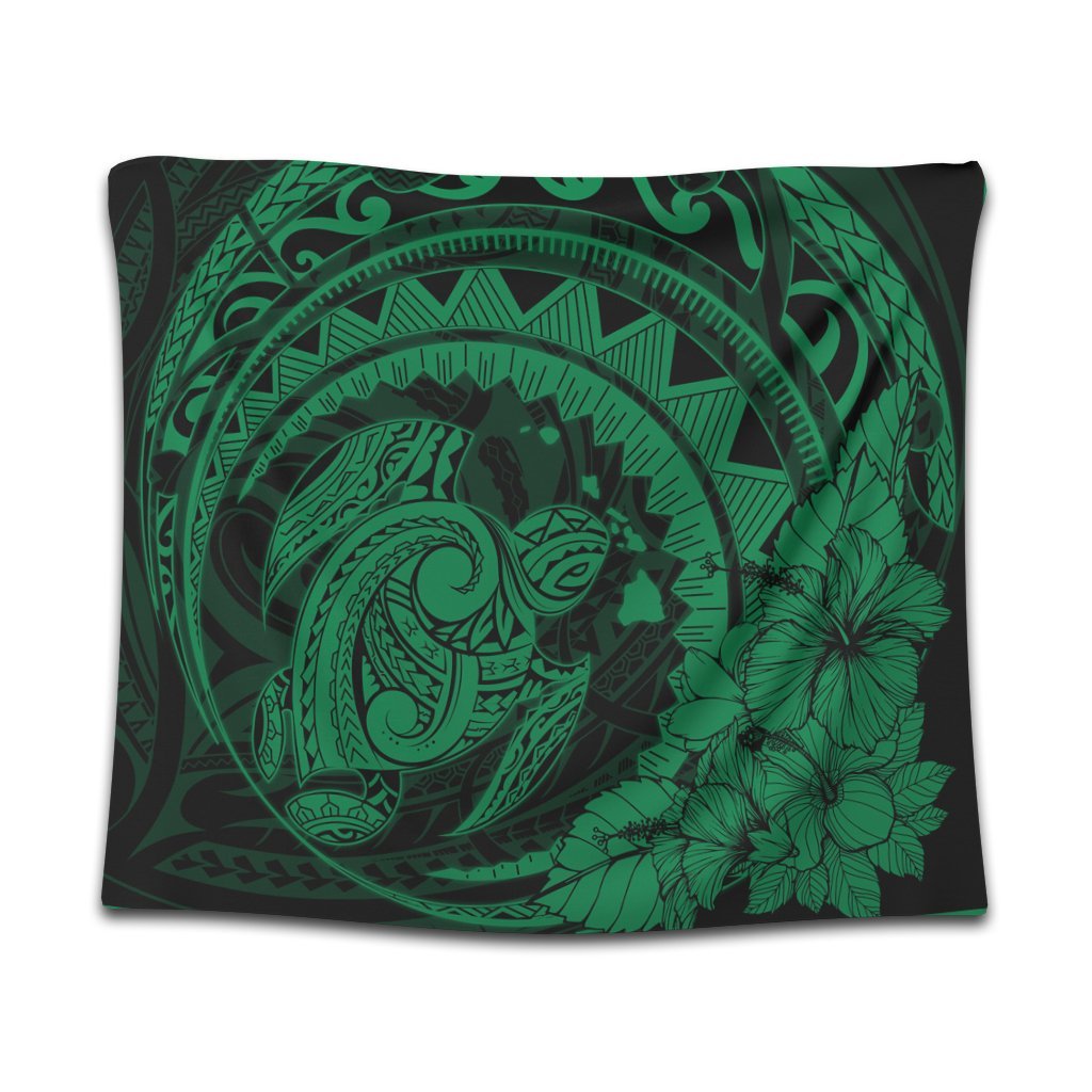 Hawaiian Kanaka Honu Map Hibiscus Globular Polynesian Green Tapestry - AH Wall Tapestry Black - Polynesian Pride