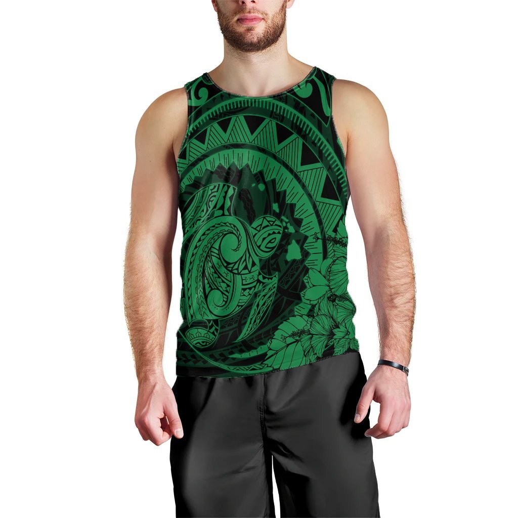Hawaiian Kanaka Honu Map Hibiscus Globular Polynesian Green Tank Top - AH Black - Polynesian Pride