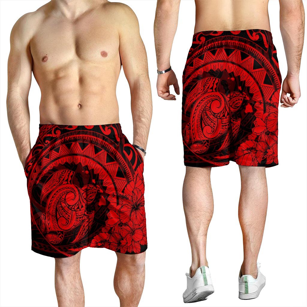 Hawaiian Kanaka Honu Map Hibiscus Globular Polynesian Red Men's Shorts - AH - Polynesian Pride