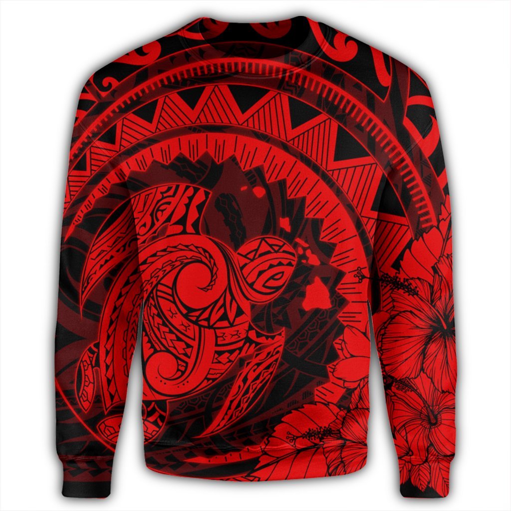 Hawaiian Kanaka Honu Map Hibiscus Globular Polynesian Red Sweatshirt - AH - Polynesian Pride