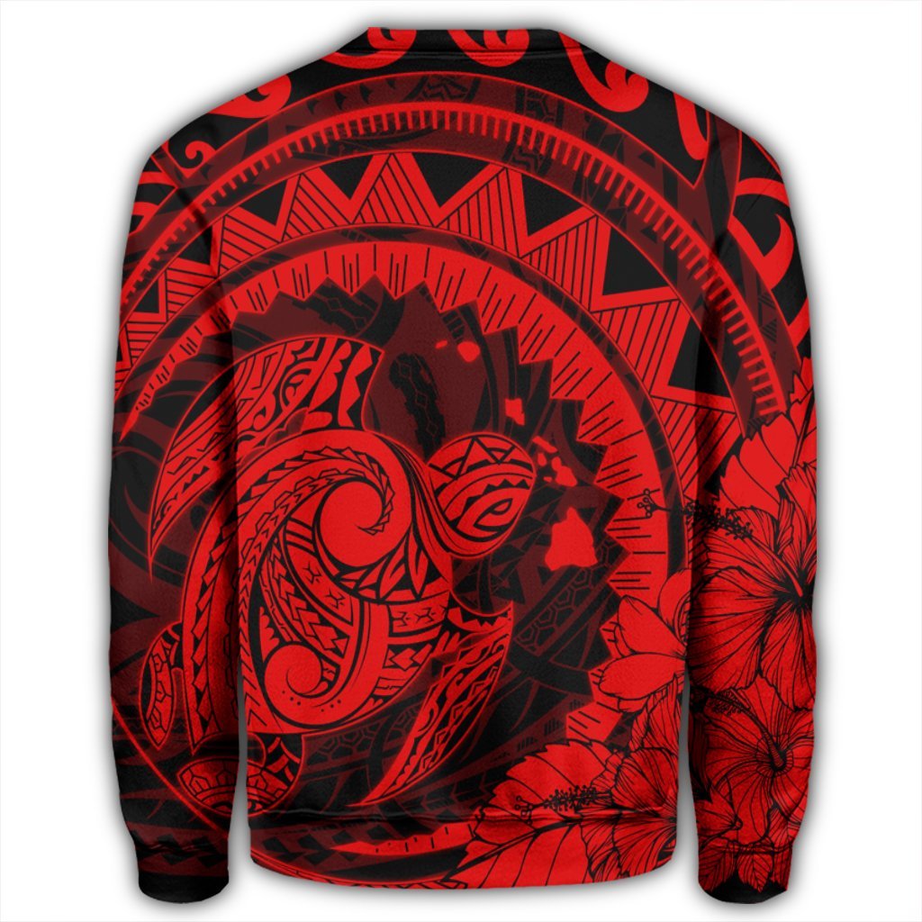 Hawaiian Kanaka Honu Map Hibiscus Globular Polynesian Red Sweatshirt - AH - Polynesian Pride