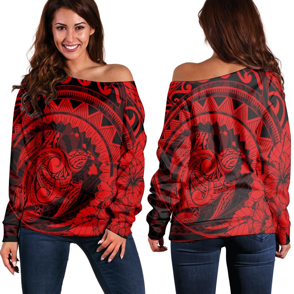 Hawaiian Kanaka Honu Map Hibiscus Globular Polynesian Red Women's Off Shoulder Sweater - AH Black - Polynesian Pride