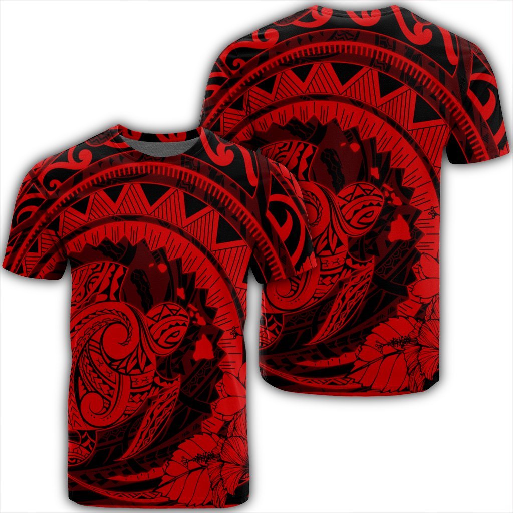 Hawaiian Kanaka Honu Map Hibiscus Globular Polynesian Red T Shirt Unisex Black - Polynesian Pride