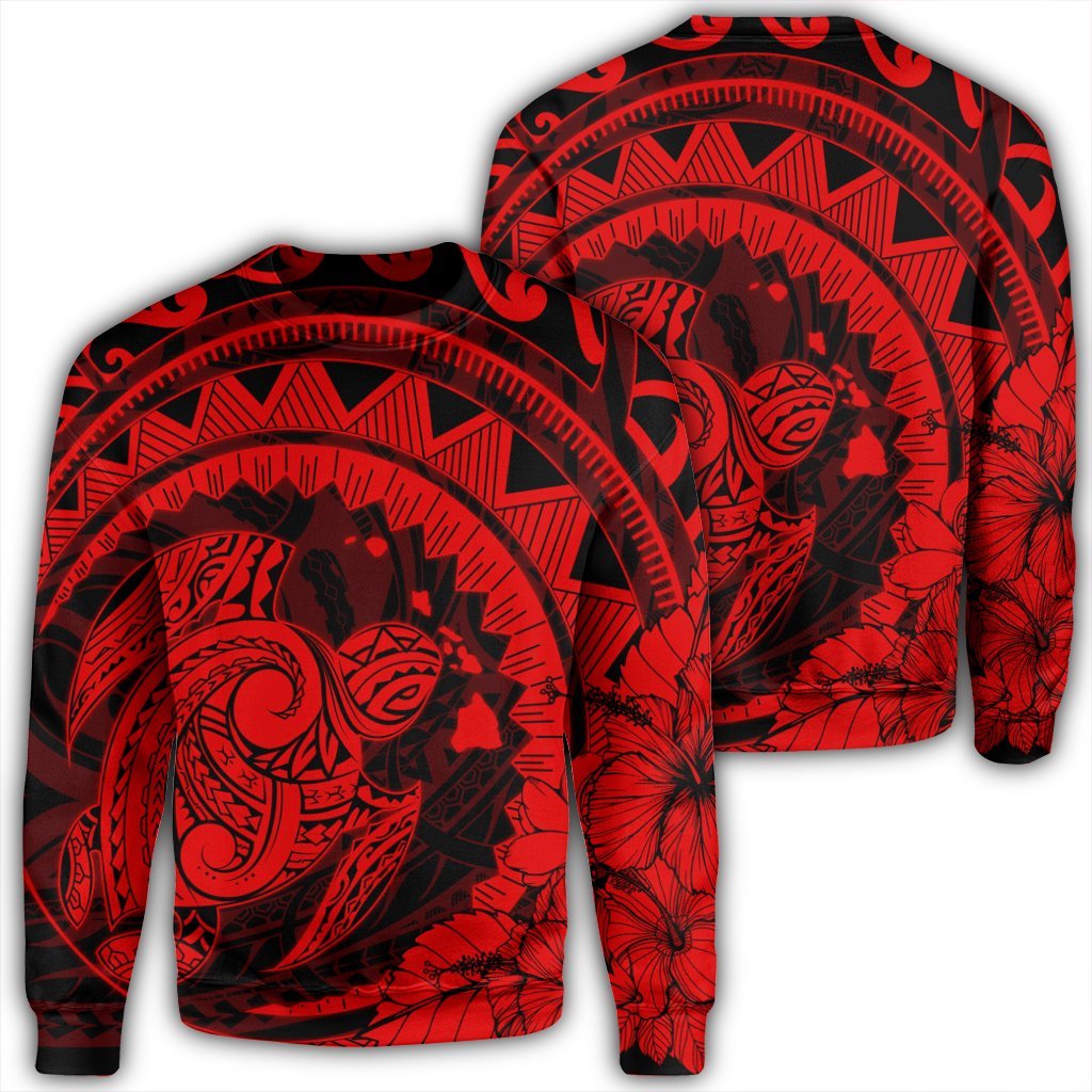 Hawaiian Kanaka Honu Map Hibiscus Globular Polynesian Red Sweatshirt - AH Unisex Black - Polynesian Pride