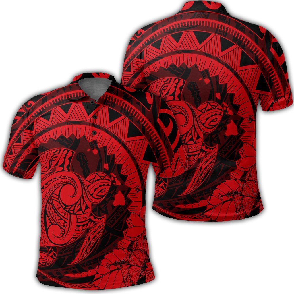 Hawaiian Kanaka Honu Map Hibiscus Globular Polynesian Red Polo Shirt Unisex Black - Polynesian Pride