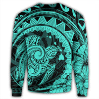 Hawaiian Kanaka Honu Map Hibiscus Globular Polynesian Turquoise Sweatshirt - AH - Polynesian Pride