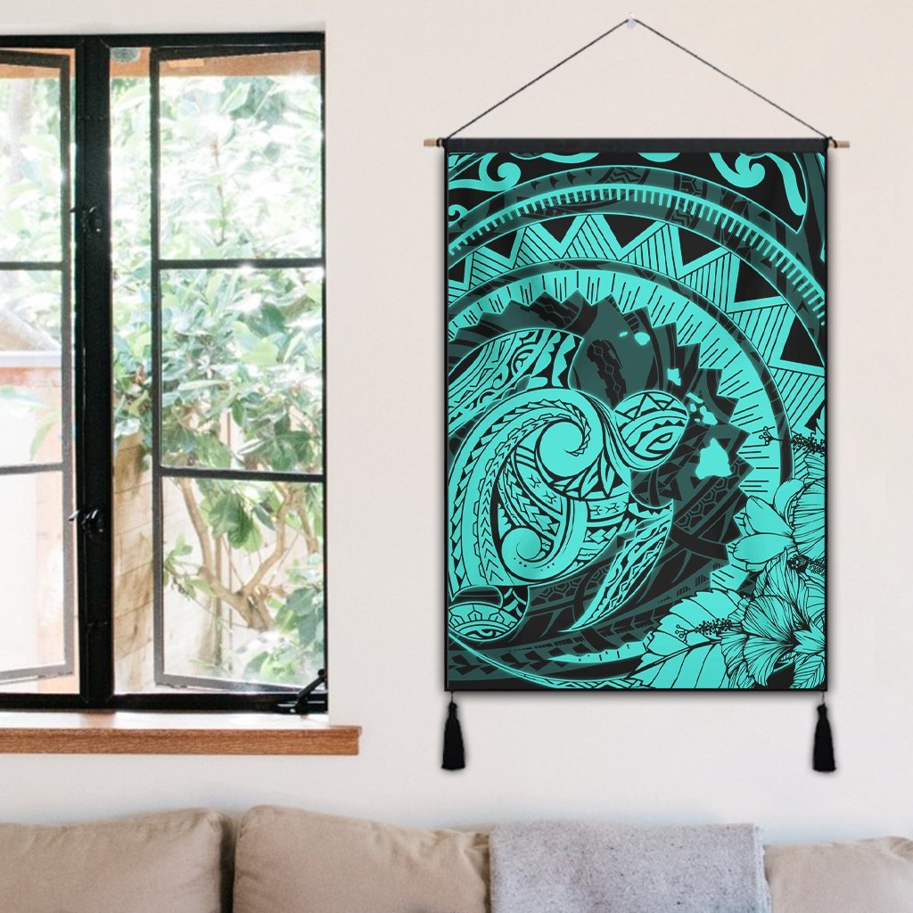 Hawaiian Kanaka Honu Map Hibiscus Globular Polynesian Turquoise Hanging Poster - AH - Polynesian Pride