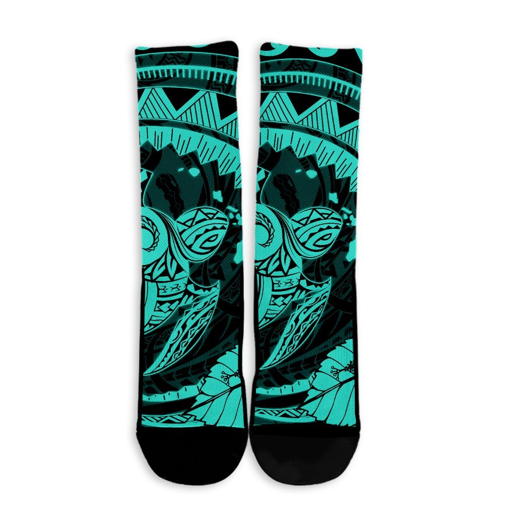 Hawaiian Kanaka Honu Map Hibiscus Globular Polynesian Turquoise Crew Socks - AH - Polynesian Pride