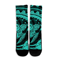 Hawaiian Kanaka Honu Map Hibiscus Globular Polynesian Turquoise Crew Socks - AH - Polynesian Pride