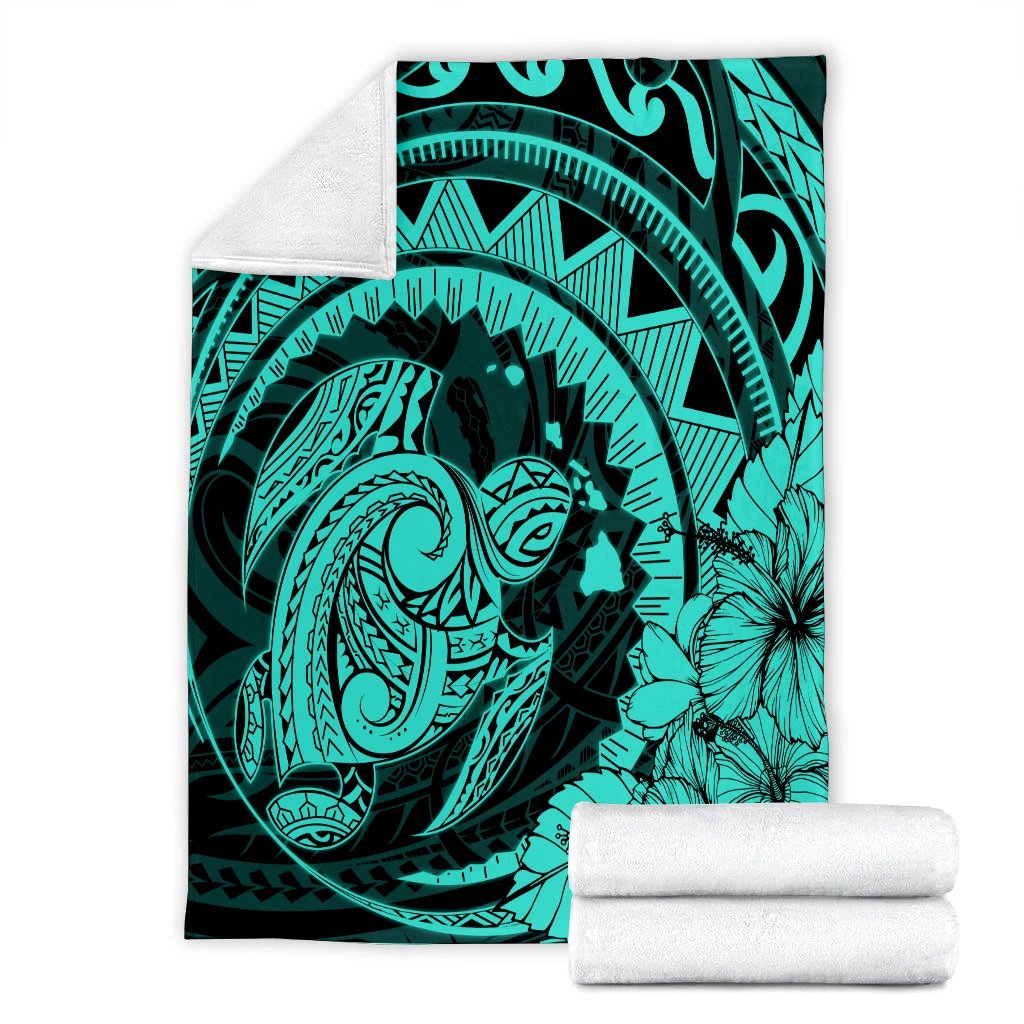Hawaiian Kanaka Honu Map Hibiscus Globular Polynesian Turquoise Premium Blankets - AH - Polynesian Pride