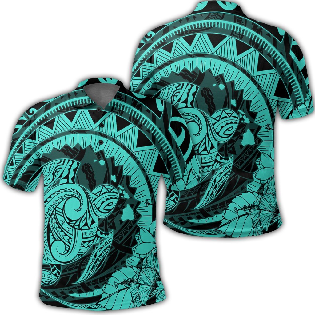 Hawaiian Kanaka Honu Map Hibiscus Globular Polynesian Turquoise Polo Shirt Unisex Black - Polynesian Pride